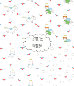 Set of four hand drawn cute seamless vector patterns with angel girl, winged cat, unicorn, hearts, clouds, on a white background. Design concept for children textile , wallpaper, wrapping paper