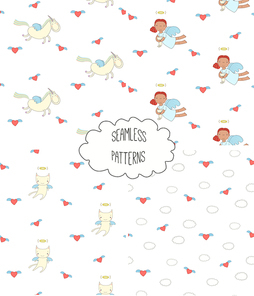 Set of four hand drawn cute seamless vector patterns with angel girl, winged cat, unicorn, hearts, clouds, on a white background. Design concept for children textile print, wallpaper, wrapping paper