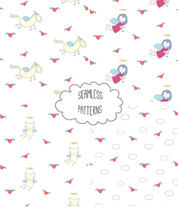 Set of four hand drawn cute seamless vector patterns with angel girl, winged cat, unicorn, hearts, clouds, on a white background. Design concept for children textile print, wallpaper, wrapping paper