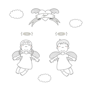 Hand drawn vector illustration of two cute little angel girls with different hair, flying, winged heart and text Angel on a ribbon. Isolated objects on white . Design concept for children.