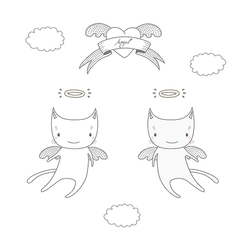 Hand drawn vector illustration of two cute angel cats with halo, flying in the sky, with winged heart and text Angel on a ribbon. Isolated objects on white . Design concept for children.