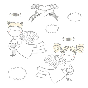 Hand drawn vector illustration of two cute little angel girls, holding kittens, flying, with winged heart and text Angel on a ribbon. Isolated objects on white . Design concept for children.