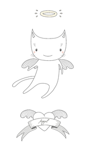 Hand drawn vector illustration of a cute little angel cat with halo, flying in the sky, with winged heart and text Angel on a ribbon. Isolated objects on white . Design concept for children.