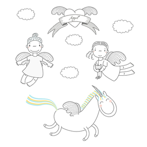 Hand drawn vector illustration of two cute little angel girls, one holding  kitten, and unicorn, winged heart and text Angel on a ribbon. Isolated objects on white . Design concept for kids.