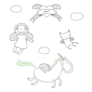 Hand drawn vector illustration of a cute little angel girl, unicorn with wings and angel cat, flying, heart and text Angel on a ribbon. Isolated objects on white . Design concept for kids.