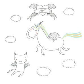 Hand drawn vector illustration of a cute unicorn with wings and angel cat, flying among the clouds, with heart and text Angel on a ribbon. Isolated objects on white . Design concept for kids