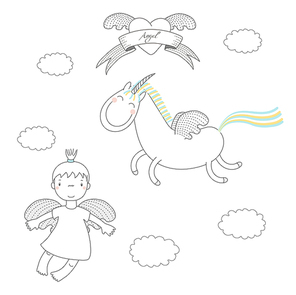 Hand drawn vector illustration of a cute little angel girl and unicorn with wings, flying, with winged heart and text Angel on a ribbon. Isolated objects on white . Design concept for kids.