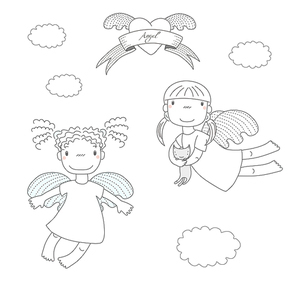 Hand drawn vector illustration of two cute little angel girls, one holding  kitten, flying, winged heart and text Angel on a ribbon. Isolated objects on white . Design concept for children.