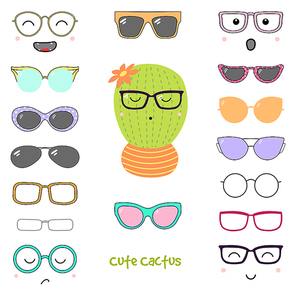 Hand drawn vector illustration of a cute funny cactus with a set of different faces, glasses and sunglasses. Isolated objects. Design concept for children. Do it yourself.