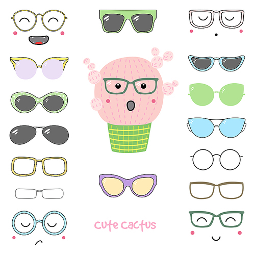 Hand drawn vector illustration of a cute funny cactus with a set of different faces, glasses and sunglasses. Isolated objects. Design concept for children. Do it yourself.