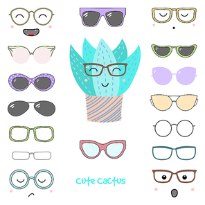 Hand drawn vector illustration of a cute funny cactus with a set of different faces, glasses and sunglasses. Isolated objects. Design concept for children. Do it yourself.