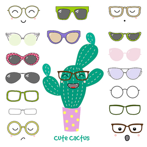 Hand drawn vector illustration of a cute funny cactus with a set of different faces, glasses and sunglasses. Isolated objects. Design concept for children. Do it yourself.