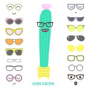 Hand drawn vector illustration of a cute funny cactus with a set of different faces, glasses and sunglasses. Isolated objects. Design concept for children. Do it yourself.