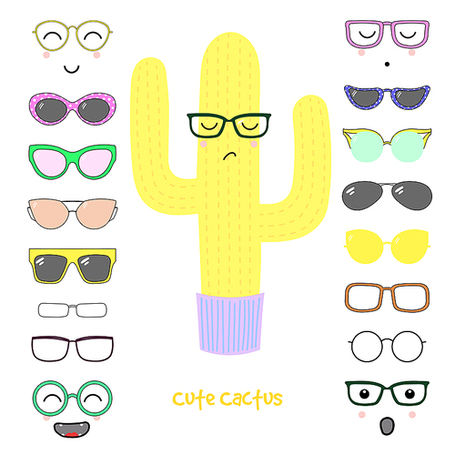 Hand drawn vector illustration of a cute funny cactus with a set of different faces, glasses and sunglasses. Isolated objects. Design concept for children. Do it yourself.