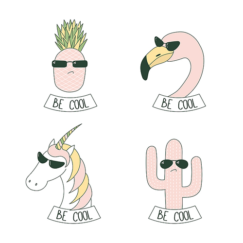 Set of hand drawn cute funny stickers in pink, with flamingo, unicorn, pineapple and cactus wearing sunglasses, with text Be cool.  Isolated objects on white . Design concept.