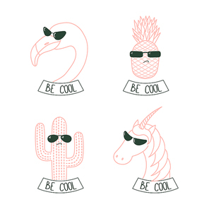 Set of hand drawn cute funny stickers in pink, with flamingo, unicorn, pineapple and cactus in sunglasses, with text Be cool. Isolated objects on white . Design concept. Unfilled outline.