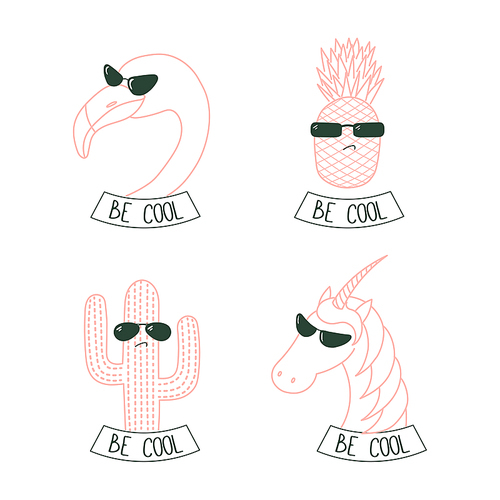 Set of hand drawn cute funny stickers in pink, with flamingo, unicorn, pineapple and cactus in sunglasses, with text Be cool. Isolated objects on white . Design concept. Unfilled outline.