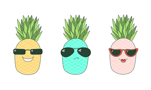 Set of hand drawn cute funny stickers with pink, yellow and turquoise pineapples wearing different sunglasses, with text Be cool.  Isolated objects on white . Design concept.