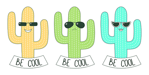 Set of hand drawn cute funny stickers with green, yellow and turquoise cacti wearing different sunglasses, with text Be cool.  Isolated objects on white . Design concept.
