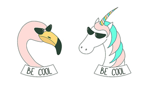 Set of hand drawn cute funny stickers in pink, with flamingo and unicorn wearing sunglasses, with text Be cool.  Isolated objects on white . Design concept.