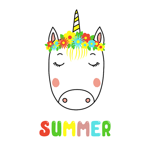 Hand drawn vector portrait of a cute funny unicorn with flowers, text Summer. Isolated objects on white . Vector illustration. Design concept for children.