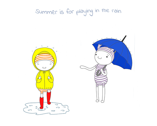 Hand drawn vector illustration of funny cartoon creatures in jump suits, one holding umbrella, another in raincoat and rubber boots, text Summer is for playing in the rain. Design concept for children