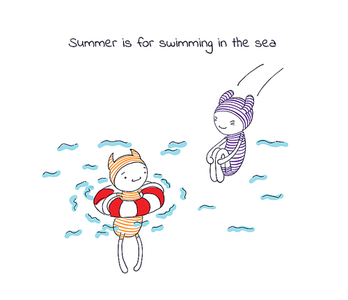 Hand drawn vector illustration of funny cartoon creatures in jump suits and hats, text Summer is for swimming in the sea. Design concept for children - postcard, poster, sticker, T-shirt .
