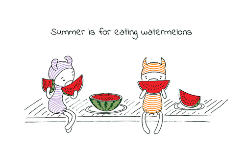 Hand drawn vector illustration of funny cartoon creatures in striped jump suits and hats, text Summer is for eating watermelons. Design concept for children - postcard, poster, sticker, T-shirt .