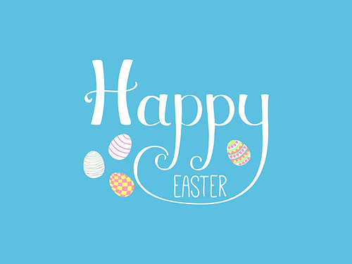 Hand written Happy Easter lettering with cute cartoon eggs. Isolated objects on blue. Vector illustration. Festive design elements. Concept for greeting card, invitation.