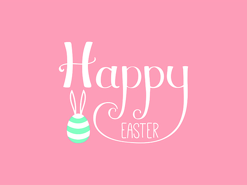 Hand written Happy Easter lettering with cute cartoon egg with rabbit ears. Isolated objects on pink. Vector illustration. Festive design elements. Concept for greeting card, invitation.