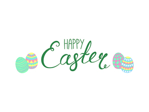 Hand written Happy Easter lettering with cute cartoon eggs. Isolated objects on white. Vector illustration. Festive design elements. Concept for greeting card, invitation.