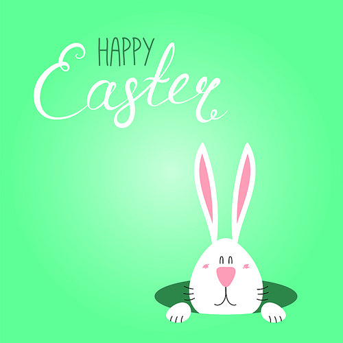 Hand drawn vector illustration with cute cartoon bunny looking from a hole, Happy Easter text. Isolated objects. Vector illustration. Festive design elements. Concept for greeting card, invitation.