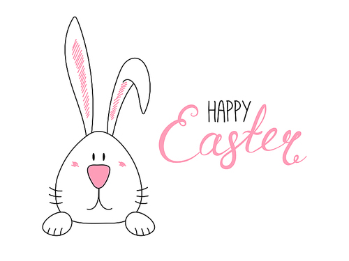 Hand drawn vector illustration with cute cartoon bunny portrait, Happy Easter lettering. Isolated objects. Vector illustration. Festive design elements. Concept for greeting card, invitation.