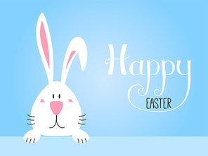 Hand drawn vector illustration with cute cartoon bunny portrait, Happy Easter lettering. Isolated objects. Vector illustration. Festive design elements. Concept for greeting card, invitation.