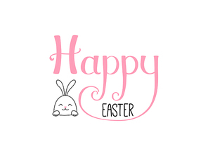 Hand written Happy Easter lettering with cute cartoon rabbit. Isolated objects on white. Vector illustration. Festive design elements. Concept for greeting card, invitation.