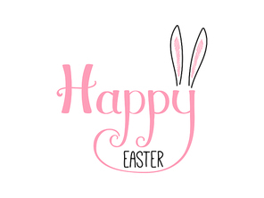 Hand written Happy Easter lettering with cute cartoon rabbit ears. Isolated objects on white. Vector illustration. Festive design elements. Concept for greeting card, invitation.