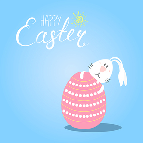 Hand drawn vector illustration with cute cartoon bunny hugging an egg, Happy Easter lettering. Isolated objects. Vector illustration. Festive design elements. Concept for greeting card, invitation.