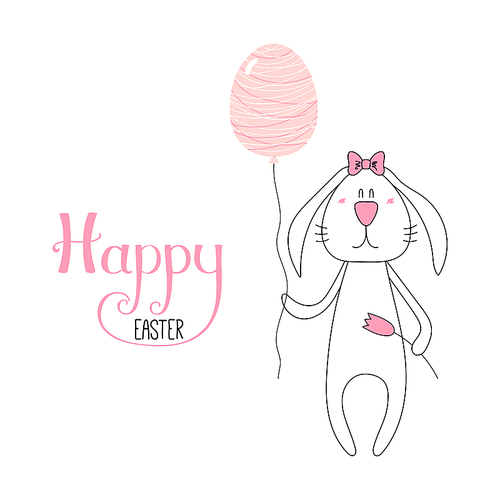 Hand drawn vector illustration of a cute cartoon bunny with tulip, balloon, Happy Easter lettering. Isolated objects. Vector illustration. Festive design elements. Concept for card, invitation.