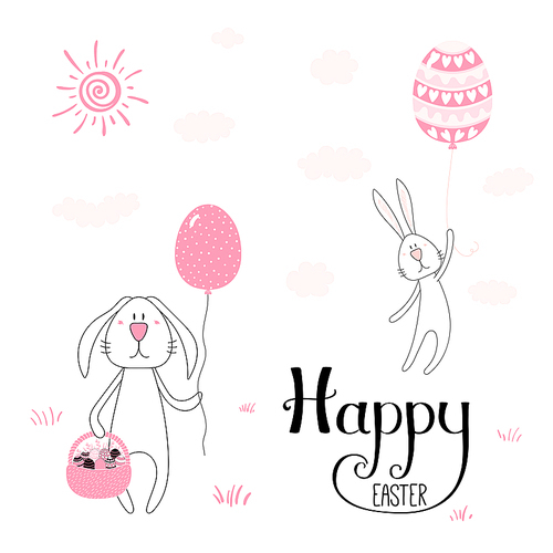 Hand drawn vector illustration of a cute cartoon bunnies with egg shaped balloons, Happy Easter lettering. Isolated objects. Vector illustration. Festive design elements. Concept for card, invitation.