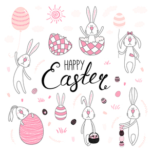 Collection of hand drawn cute cartoon Easter bunnies with eggs, basket, Happy Easter text. Isolated objects. Vector illustration. Festive design elements. Concept for greeting card, invitation.