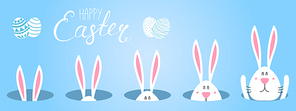 Hand drawn vector illustration with cute cartoon bunny looking from a hole, Happy Easter text. Isolated objects. Vector illustration. Festive design elements. Concept for greeting card, invitation.