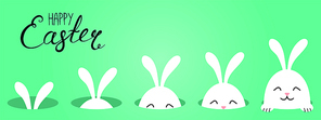 Hand drawn vector illustration with cute cartoon bunny looking from a hole, Happy Easter text. Isolated objects. Vector illustration. Festive design elements. Concept for greeting card, invitation.