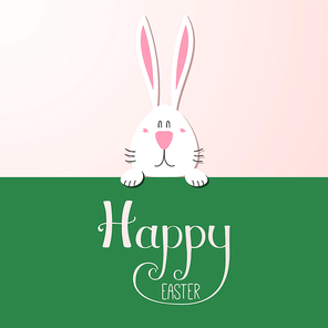 Hand drawn vector illustration with cute cartoon bunny portrait, Happy Easter lettering. Isolated objects. Vector illustration. Festive design elements. Concept for greeting card, invitation.