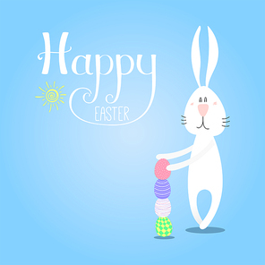 Hand drawn vector illustration of cute cartoon bunny building a tower from eggs, Happy Easter lettering. Isolated objects. Vector illustration. Festive design elements. Concept for card, invitation.