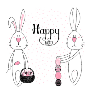 Hand drawn vector illustration of cute cartoon bunnies with eggs, basket, Happy Easter lettering. Isolated objects. Vector illustration. Festive design elements. Concept for card, invitation.