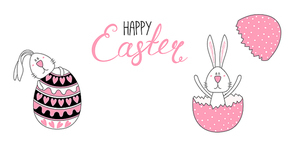 Hand drawn vector illustration of cute cartoon bunnies with eggs, Happy Easter lettering. Isolated objects. Vector illustration. Festive design elements. Concept for card, invitation.