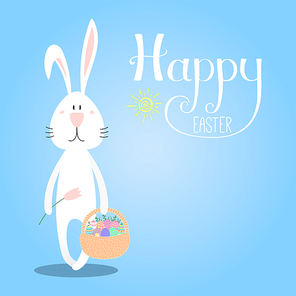 Hand drawn vector illustration with cute cartoon bunny with a basket, Happy Easter lettering. Isolated objects. Vector illustration. Festive design elements. Concept for greeting card, invitation.