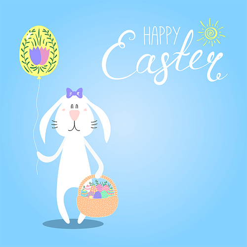 Hand drawn vector illustration with cute cartoon bunny with a basket, Happy Easter lettering. Isolated objects. Vector illustration. Festive design elements. Concept for greeting card, invitation.