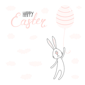 Hand drawn vector illustration of cute cartoon bunny flying on egg shaped balloon, Happy Easter lettering. Isolated objects. Vector illustration. Festive design elements. Concept for card, invitation.