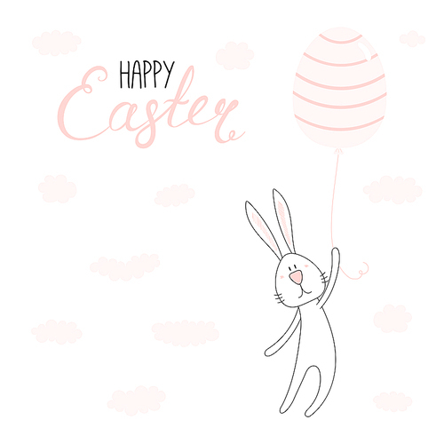 Hand drawn vector illustration of cute cartoon bunny flying on egg shaped balloon, Happy Easter lettering. Isolated objects. Vector illustration. Festive design elements. Concept for card, invitation.